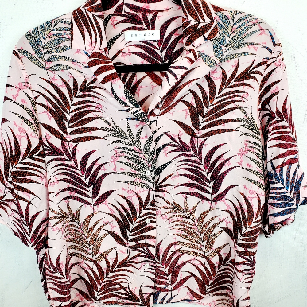 Sandro Paris Pink Floral 100% Silk Short Sleeve Shirt SZ S